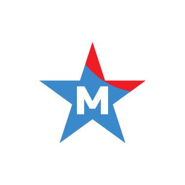 M harfi logosu konsepti. Mavi ve kırmızı yıldız sembollü M monogramı. beyaz arkaplanda izole