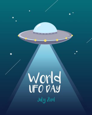 Dünya UFO günü vektör posteri, uçan daire ve gökyüzü arka planında Dünya UFO günü yazılı..