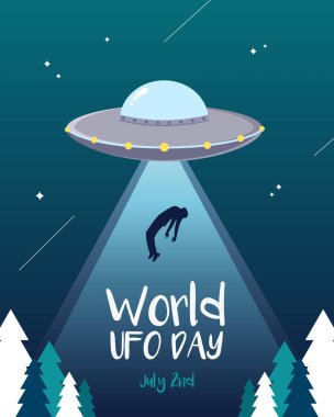 Üzerinde uçan daire olan bir UFO günü posteri yeşil yıldızlı arka planda bir adamı kaçırıyor.