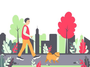 Arka planda şehir manzarası olan parkta köpek gezdiren bir adam. Bir adam ve Pomeranian ile vektör illüstrasyonu.