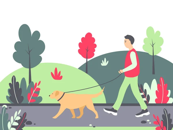 Man Walking Dog Park Vector Illustration Man Golden Retriever — Stock Vector