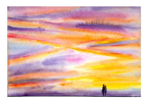 Ciel Couchant Aquarelle Dessiné Main Avec Deux Silhouettes Arbres Horizon — Image vectorielle