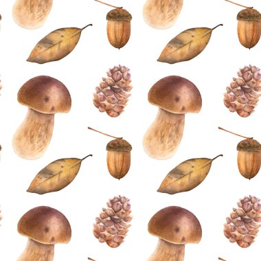 Külahlı, mantar palamutlu ve yapraklı kusursuz suluboya şablonu. Beyaz arkaplanda samimi sonbahar deseni.