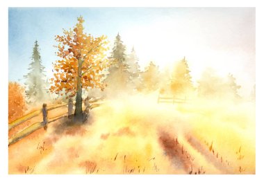 Elle çizilmiş suluboya sonbahar manzarası. Suluboya, sıcacık renklerde ağaçlarla kaplı bir yere düşer..