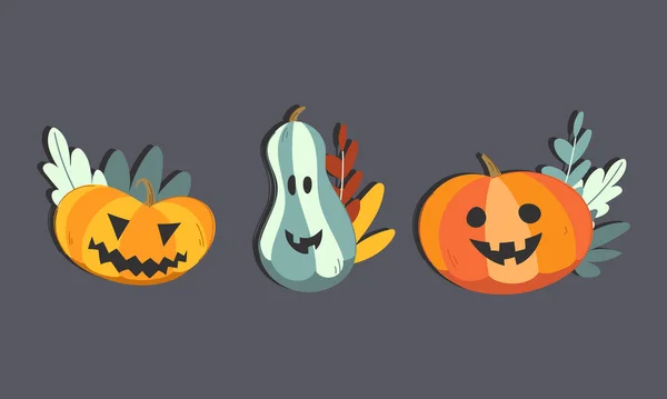 Set Vector Halloween Pumpkins Cute Jack Lanterns Leaves Grey Background — Stock Vector
