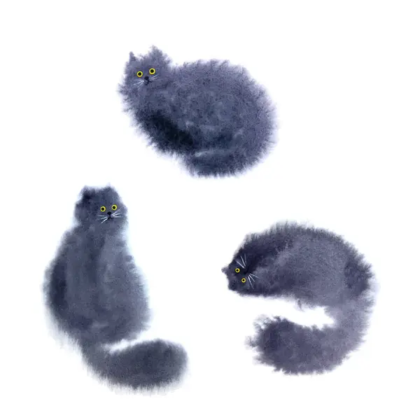 Set Gatos Acuarela Dibujados Mano Lindo Mullido Negro Acuarela Gatos — Vector de stock