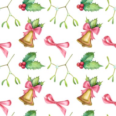 Kırmızı arka planda çan, ökseotu ve kırmızı kurdeleli suluboya Noel deseni. Kusursuz sihirli Noel deseni.