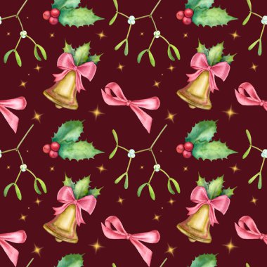 Kırmızı arka planda çan, ökseotu ve kırmızı kurdeleli suluboya Noel deseni. Kusursuz sihirli Noel deseni.