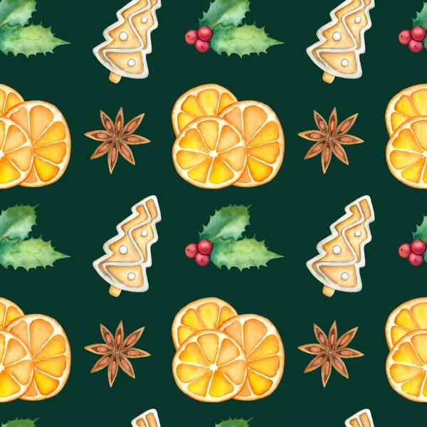 Watercolor winter pattern with holly, ginger bread, anise and dried oranges on the dark green background. Christmas wrapping paper.