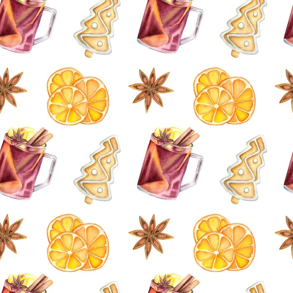 Watercolor winter pattern with a glass of mulled wine, dried oranges, ginger bread and star anise on the white background. Seamless mulled wine pattern.