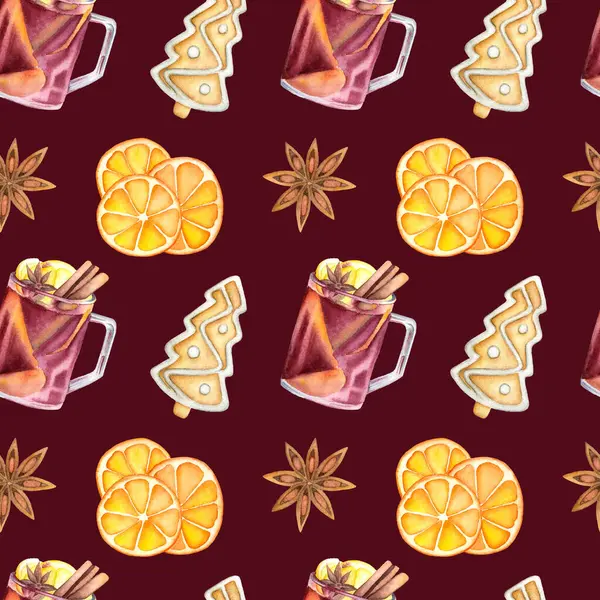 Watercolor winter pattern with a glass of mulled wine, dried oranges, ginger bread and star anise on the red background. Seamless mulled wine pattern.