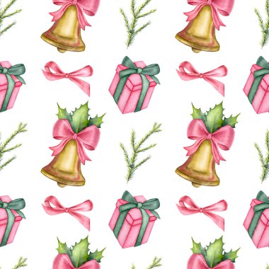 Kırmızı fiyonklu suluboya Noel deseni, çam ağacı dalı ve beyaz arka planda bir çan. Retro suluboya Noel deseni.