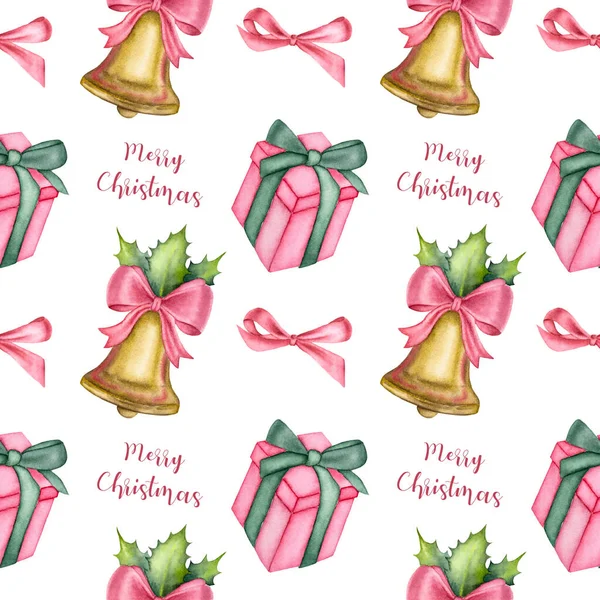 Watercolor Christmas pattern with a present, red bow, Merry Christmas inscription and a bell on the white background. Retro watercolor Christmas pattern.