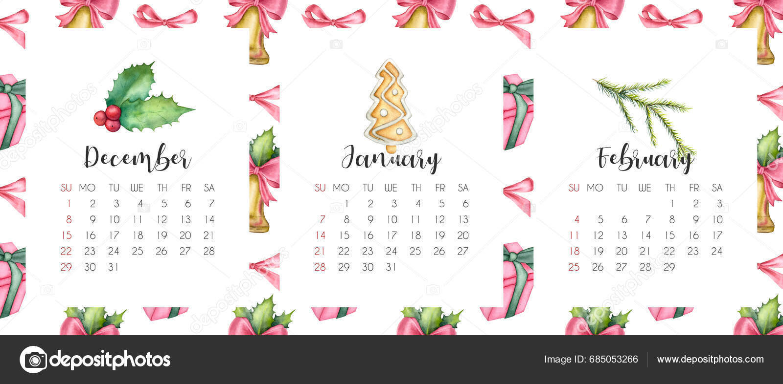 Aquarel Winter 2024 Kalender Handgetekende Aquarel Kalender Winter 2024