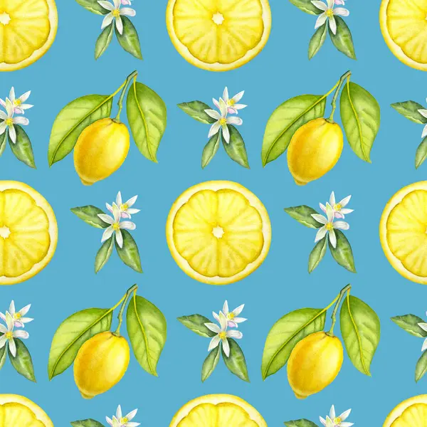 Seamless watercolor lemon pattern on the blue background. Hand drawn watercolor pattern with lemons and lemon flowers.