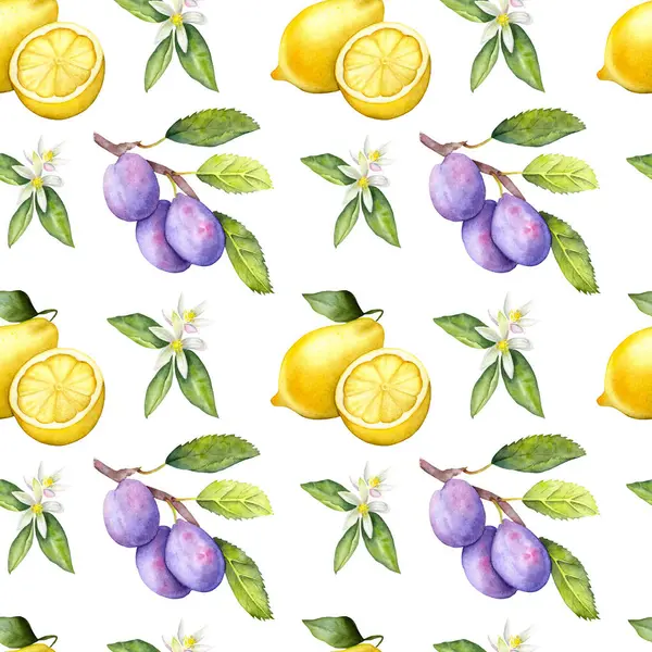 Seamless watercolor fruit pattern with lemons, plums and flowers. Hand painted botanical pattern with a lemon and plums.