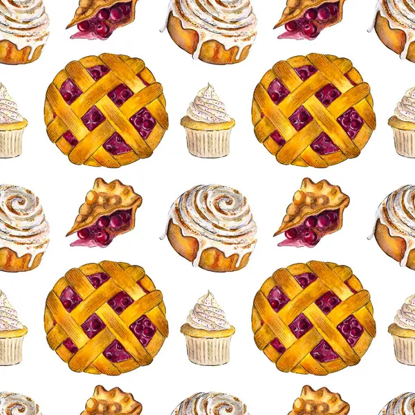 Hand drawn watercolor bakery pattern with a cherry pie, a cupcake and a cinnamon roll on the white background. Seamless watercolor dessert pattern.