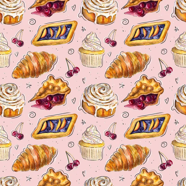 Hand drawn watercolor doodle bakery pattern with a cinnamon roll, a cherry pie, a blueberry pie and a cupcake. Doodle bakery. Seamless watercolor dessert pattern. Cute dessert pattern.