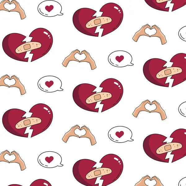 Seamless vector Valentines day pattern. Seamless pattern with a broken heart and a heart with hands.