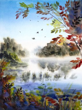 Watercolor misty lake landscape. Hand-painted watercolor morning lake. Lake painting. clipart