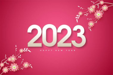 Happy new year 2023 background with 3d numbers and pink flowers