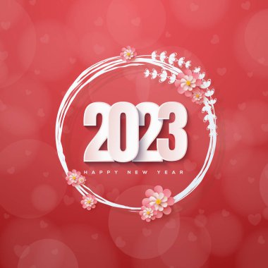 Background for the celebration of the new year 2023 square with transparent pink flowers.