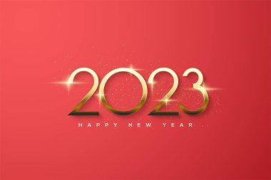 2023 happy new year with golden numbers on red background