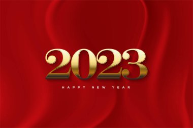 2023 happy new year with golden numbers on red curd background