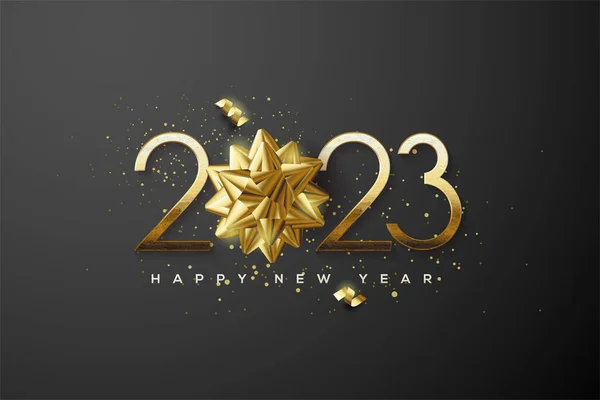 2023 Happy New Year Gold Numbers Gold Ribbon — Stock Vector