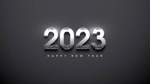 Silver Metallic Happy New Year 2023 Dark Background — 图库矢量图片