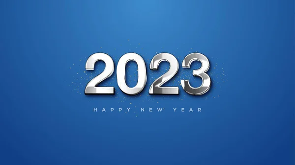 Happy New Year 2023 Silver Metallic Numbers Blue Background — Stok Vektör