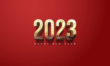 2023 happy new year with golden numbers on red curd background