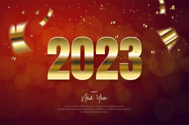 Thick gold 2023 number on blur red background