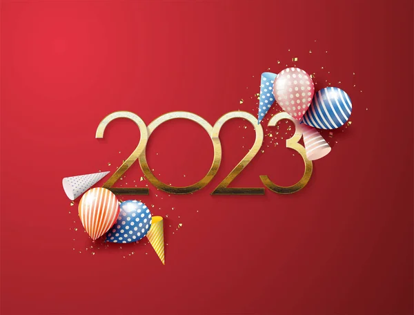 Happy New Year 2023 Background Thin Gold Numbers Balloons —  Vetores de Stock