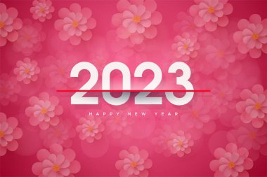 Happy new year 2023 background with white numbers on pink flowers background