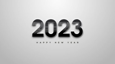 Happy new year 2023 with 3d black numbers on white background