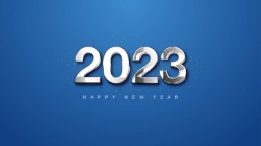 Happy new year 2023 with silver metallic numbers on blue background