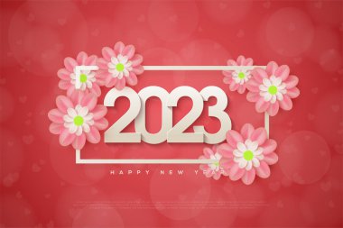 2023 background with realistic 3d numbers and 3d flowers illustration