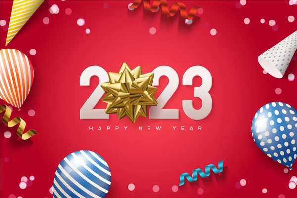 Happy New Year Background White 2023 Number Luxury Gold Ribbon — Stock Vector