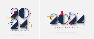 Mutlu yıllar 2024 sayıları, eşsiz sayılar ve renkli nesnelerle yeni yılı kutluyoruz. Takvim 2024 için mükemmel vektör tasarımı.