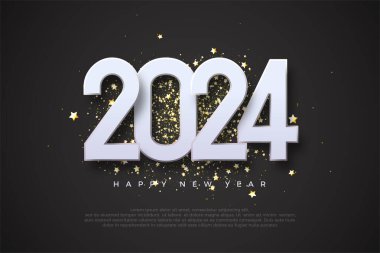 Mutlu yıllar 2024. Lüks altın yıldızlı sim yerine üç boyutlu resimlerle. Mutlu yıllar 2024 'ü kutlamak ve karşılamak için birinci sınıf vektör tasarımı.