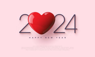 2024 numaralı gerçekçi kırmızı aşk balonuyla modern mutlu yeni yıl tasarımı. Pankartlar, posterler, bültenler ve diğer amaçlar için en iyi vektör tasarımı.
