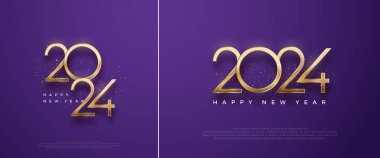 Altın yeni yıl numarası 2024. Siyah arkaplanda altın sayılar var. Poster, takvim, pankart ve selamlama için en iyi vektör tasarımı.