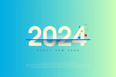 Mutlu yıllar 2024. Kırmızı çizgilerle kesilmiş sayılar, kare renkli sıçramalarla. Mutlu yıllar 2024 'ü kutlamak ve karşılamak için birinci sınıf vektör tasarımı.