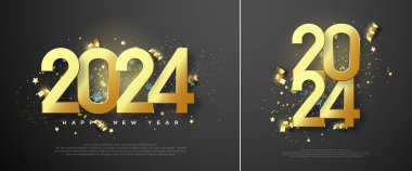 Zarif Tasarım Mutlu yıllar 2024. Lüks ve parlak altın parıltıları olan altın numaraların resmi. Mutlu yıllar 2024 'ü kutlamak ve selamlamak için en iyi vektör tasarımı.