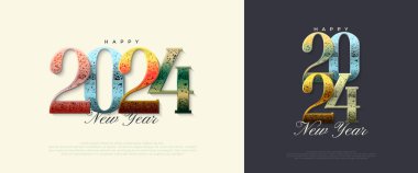 Yeni yıl sayı dizaynı, 2024 sayılı temiz ve parlak renkli. 2024 yılının poster, afiş, selamlama ve kutlamaları için en iyi vektör tasarımı.
