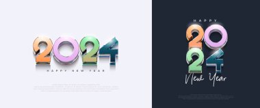 Mutlu yeni yıl tasarımları ve renk numaraları 2024 yılının poster, bayrak, selamlama ve kutlamaları için Premium vektör tasarımı..