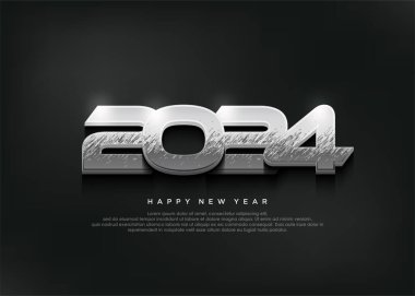 Gümüş metalik 3d modern yıl, 2024 mutlu yeni yıl zarif afiş.
