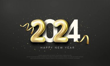 Eşsiz mutlu yeni yıl 2024 tasarımı. Altın sayılar, eşsiz ve modern balonlar. Poster, bayrak, yeni yıl 2024 kutlaması ve selamlama için mükemmel vektör tasarımı.