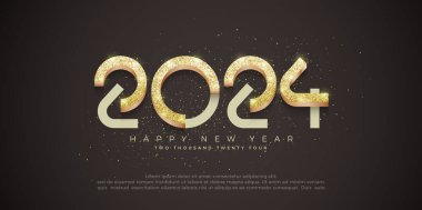 Mutlu yıllar 2024 kutlama tasarımı. Siyah arkaplanda benzersiz ve modern numaralar var. Altın renginde ve altın parıltılı.
